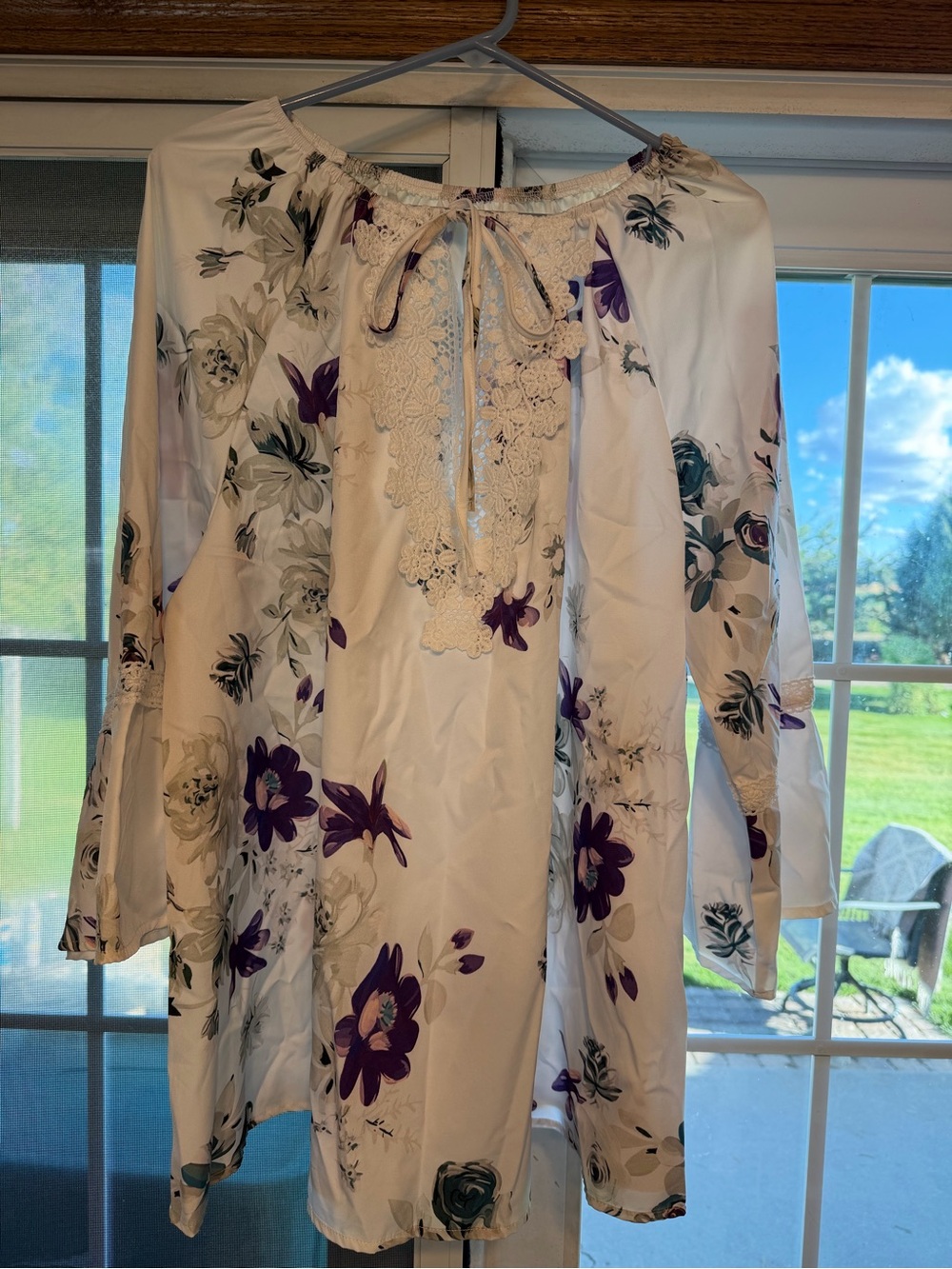 Women's Cream Floral Lace-Trim Boho Dress
